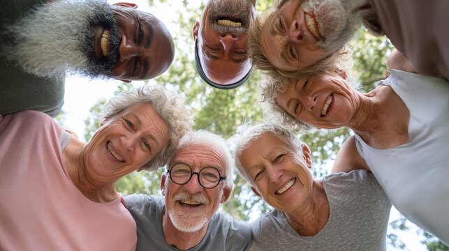 A joyful group of diverse senior friends smiling and connecting in a circle, celebrating friendship and aging gracefully together.