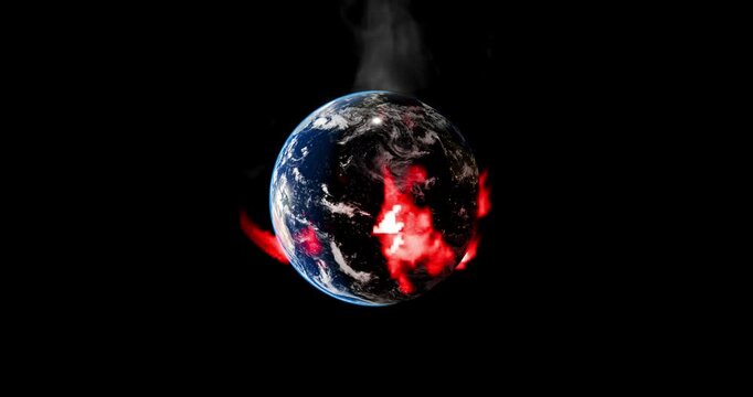 3D animation of planet Earth burning with glowing red flames and smoke illustrating global warming crisis