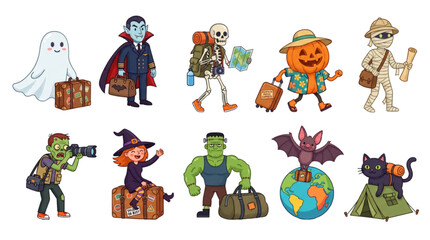 Fototapeta premium Premium Halloween Travel Character Collection Vector Set Isolated on Transparent Background