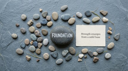 Fototapeta premium Stone with FOUNDATION word and strength quote on slate