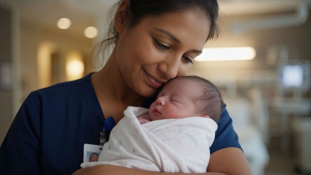 A compassionate nurse provides nurturing care while holding a newborn baby in a warm hospital environment filled with love and support