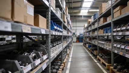 Fototapeta premium Factory inventory management featuring spare parts arranged on warehouse shelving with clear organization.