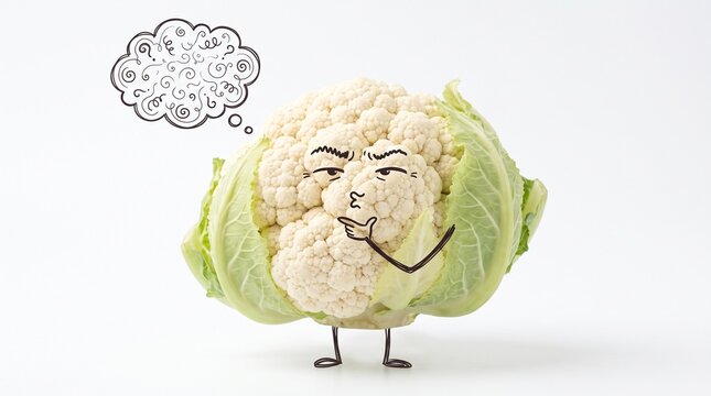 Green cabbage cartoon character thinking hard with hand drawn thought cloud and doodle arms on white