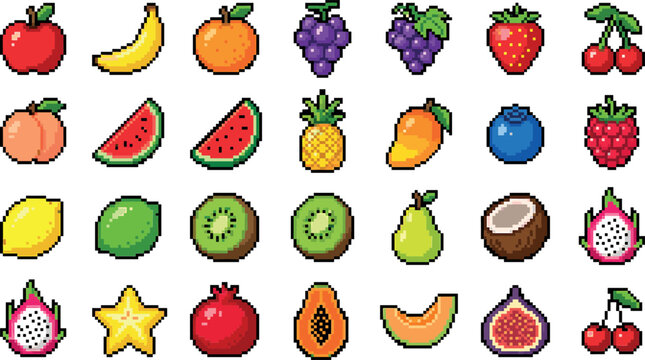 Retro pixel art fruit icons set featuring classic 8-bit style apple banana grape watermelon kiwi and strawberry vector illustration