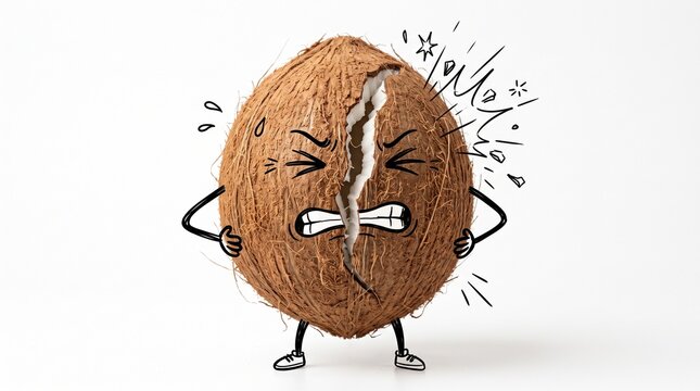 Brown coconut doodle character cracking open with wincing face and hand drawn impact lines on white
