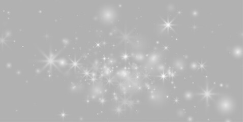 Fototapeta premium White glitter dust sparkles with radiant stars and delicate crystal glow. Tiny floating particles complete the snowy composition. Perfect for transparent vector.