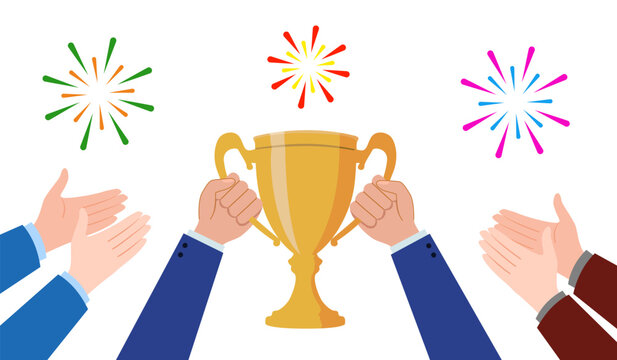 Celebrate winners with golden cup, Hand holding a winner trophy cup and many hands clapping, thumb up for celebration