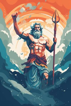 Poseidon Greek Mythology Sea Deity Trident Bearer Ocean Ruler Mythical Hero Vector Illustration