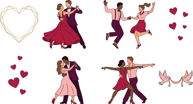 Romantic dancing couples and wedding celebration elements flat vector illustration set for valentine day designs