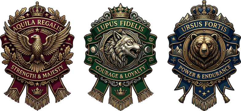 Luxury medieval heraldic crest banners set featuring golden eagle wolf and bear royal shield emblems