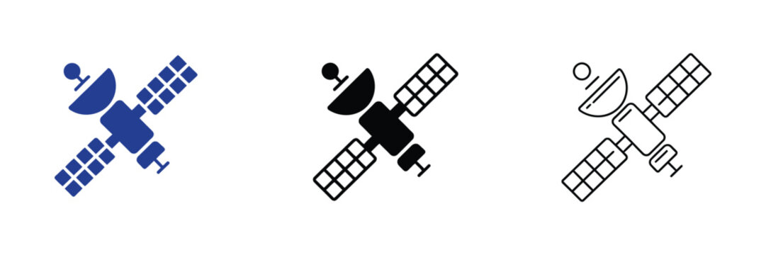 Satellite icons featuring space communication technology, global network connectivity, and clean minimalist vector graphics in flat, solid, and outline styles for telecommunications.