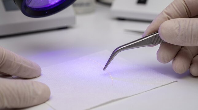 A close-up shot shows a laboratory technician in gloved hands using tweezers to pick up a single strand of hair or fiber evidence on a paper sheet, illuminated by a purple ultraviolet light.