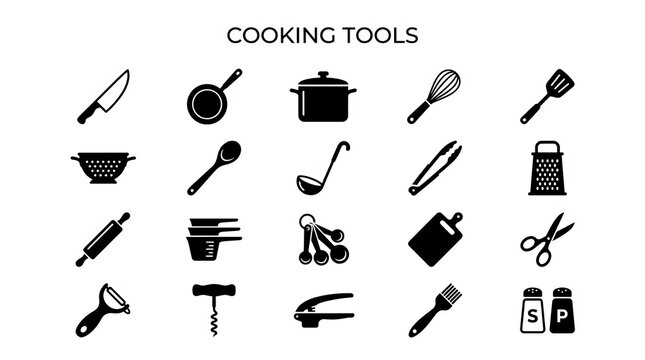 Collection of Essential Cooking Tools and Utensils for Kitchen Preparation.