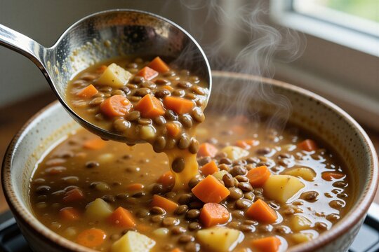 Hot lentil soup with carrots and potatoes is poured from a ladle into a bowl. Steam rises from the savory vegetable dish. Homemade meal, comfort food for cold days.