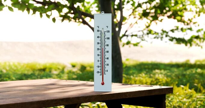 3D animation of thermometer on outdoor wooden table showing rising extreme summer heat above 40 degrees with moving leaf shadows