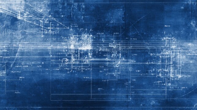 Blueprint schematic overlayed on a textured blue background, with faint lines and text indicating complex systems