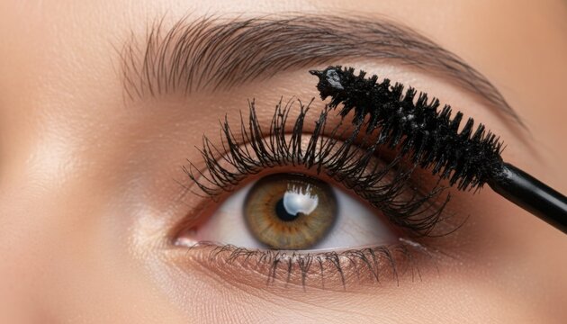 Hazel eye with long lashes as mascara wand glides across creating everyday beauty routine concept for cosmetic tutorial and self care trend
