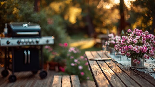 Backyard barbecue scene with a modern gas grill, wooden table, vibrant flowers, and a warm, inviting summer evening ambiance
