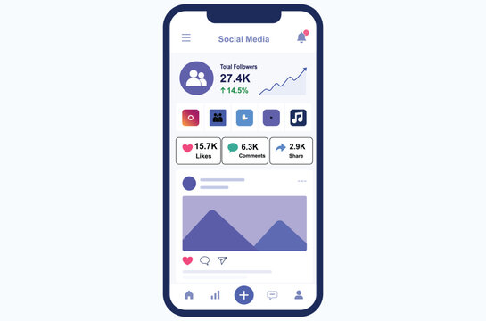 Social Media Analytics Dashboard Mobile App Flat Vector Illustration.  Modern flat illustration of social media analytics dashboard on smartphone screen with follower growth, engagement statistics, li