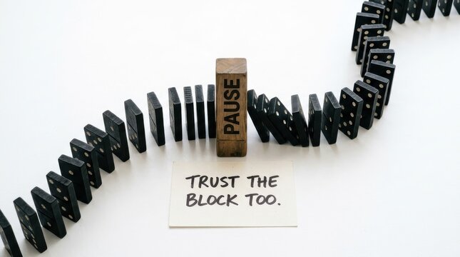 Wooden block with word pause stops domino path