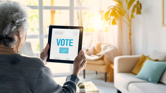 A person holding a smartphone with text vote on screen inside a bright cozy living room, online voting concept.