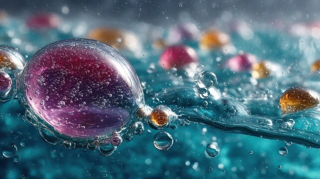Close-up of water and colorful spherical droplets. Reflections and refractions are evident