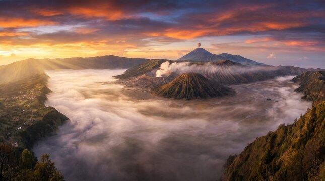 Spectacular panoramic sunrise over Mount Bromo and Mount Semeru in East Java, Indonesia. Dramatic volcanic landscape featuring the iconic Bromo crater, rolling sea of clouds, glowing morning light, an
