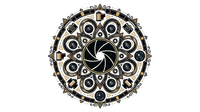Camera Aperture Mandala: A circular mandala design featuring camera apertures, film rolls, and vintage cameras, creating an intricate and artistic representation of photography.