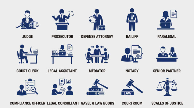 Legal, judicial and law professions icons set