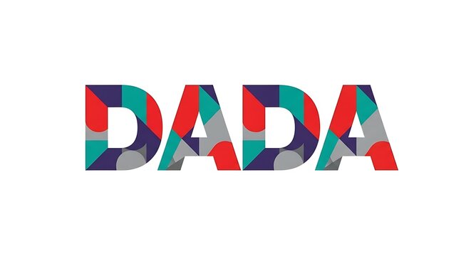 Colorful geometric text "DADA" on white background. Letters filled with abstract shapes