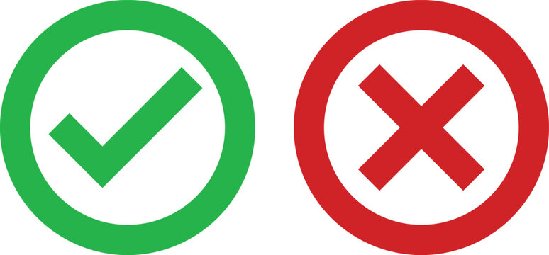 approval and denial button sign. Green check mark and red cross mark icon set. correct and incorrect sign. Right and wrong buttons.