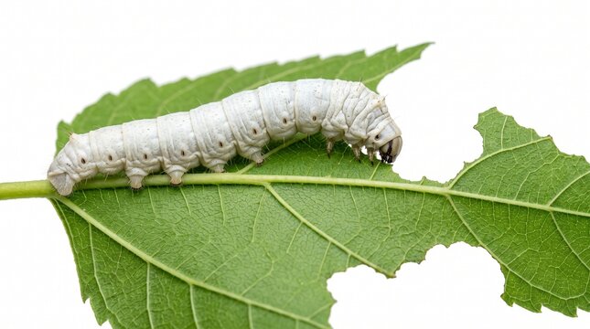 White Silkworm Caterpillar Eating A Green Mulberry Leaf Isolated On White Background, Industrial Sericulture And Silk Production Process