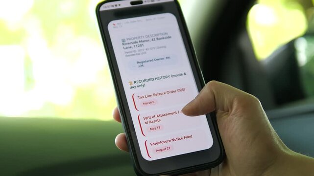Hand scrolling through property history revealing tax liens and seizure orders. Legal alerts on a real estate app. Perfect for due diligence, risk assessment, and legal tech stock footage.