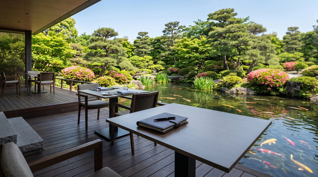Modern garden terrace restaurant designed with clean minimalist lines and premium natural materials