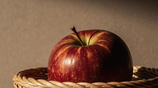 Single ripe striped red apple in woven basket against neutral background symbolizing autumn harvest and Thanksgiving traditions