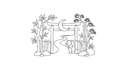 Obraz premium Japanese Torii Gate with Bear, Moon and Bamboo Forest Illustration