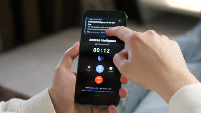 an ongoing AI-powered voice call. The interface highlights that you are speaking with an AI model using neural voice synthesis. Ideal for illustrating natural language processing, machine learning