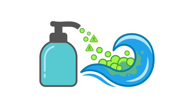 A blue soap dispenser pumping out green bubbles forming a wave.