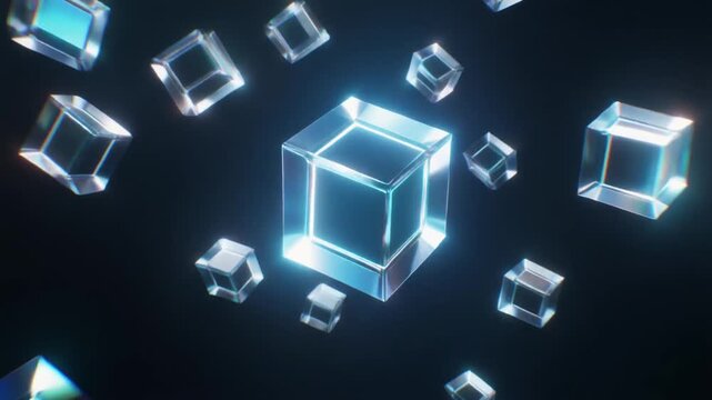 Transparent quantum cubes float in futuristic space with glowing blue, cyan and white energy linked by delicate light connections, creating premium quantum computing technology background.
