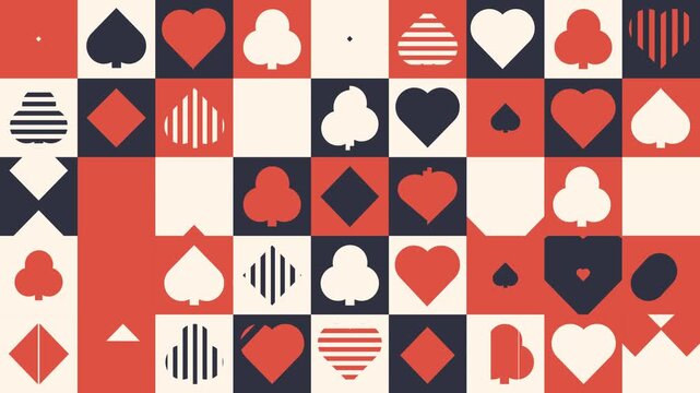 Colorful Bahaus pattern of animated playing card suits with looping motion. Hearts, diamonds, clubs and spades move independently in playful geometric tiles, ideal for casino, games and motion graph