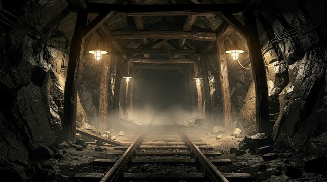 A dimly lit underground mine tunnel with wooden supports, rusty rails, and scattered debris, fading into darkness.