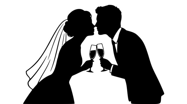 Bride and groom kissing champagne