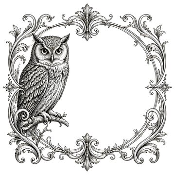 Owl perched within ornate decorative frame illustration