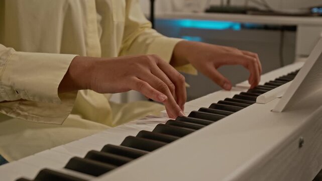 Close-up shot of unknown teenager playing digital piano keyboard at home, practicing musical notes. Footage for online music education platforms, hobby tutorials, and creative lifestyle ads