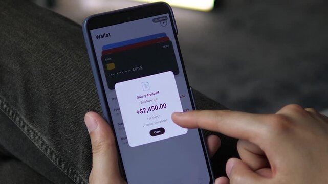Seamless mobile banking interface for transaction review. User opens a taxi receipt and a salary deposit confirmation, both with Status: Completed. Ideal for app design portfolios, fintech demos
