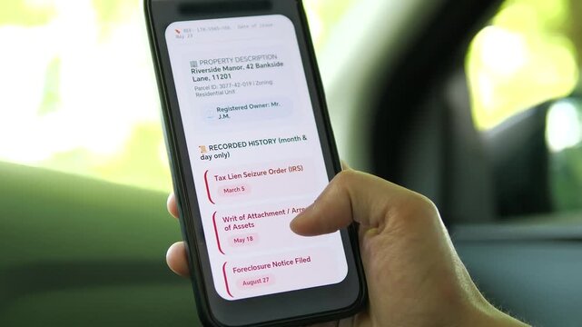 Finger scrolling through property seizures and judicial arrests on a land registry app. Red warnings for tax liens and garnishment. Ideal for legal tech, compliance, and risk management stock video.