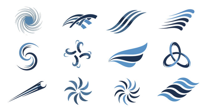 Abstract blue swoosh logo icons, set of 12 dynamic wave and swirl vector symbols, modern corporate branding elements for technology and energy