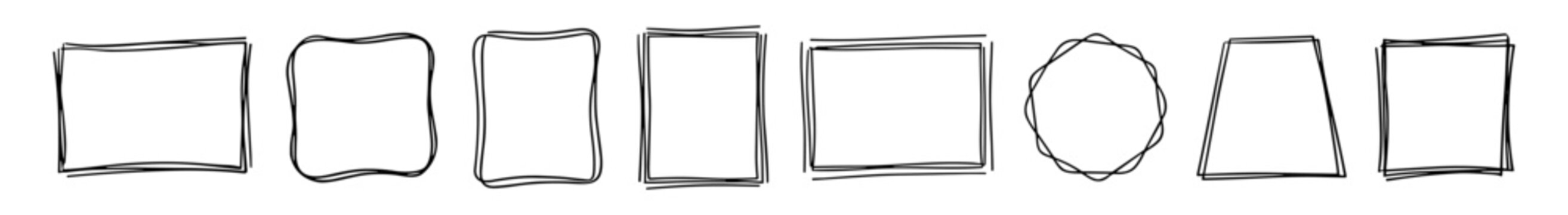 Abstract hand drawn black shapes including rectangles, rounded squares, and a circle on white background on transparent background