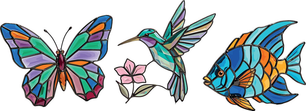 Stained glass suncatcher vectors featuring colorful translucent mosaic butterfly flying hummingbird with flower and tropical fish