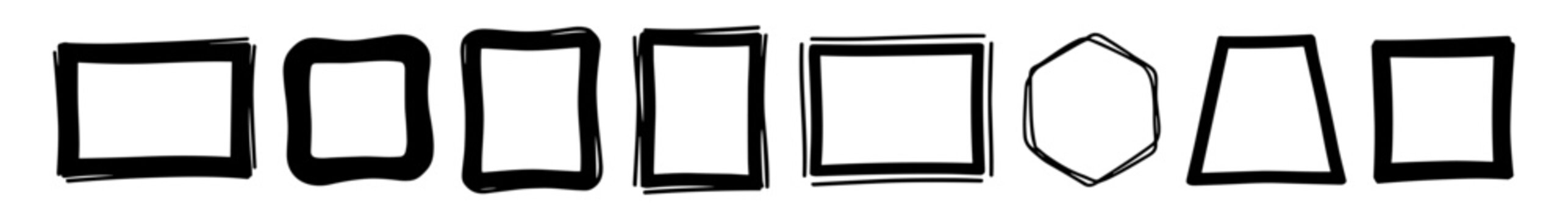 Hand-drawn various geometric shapes including squares, rectangles, hexagon, and trapezoid with rough black outlines on white background on transparent background